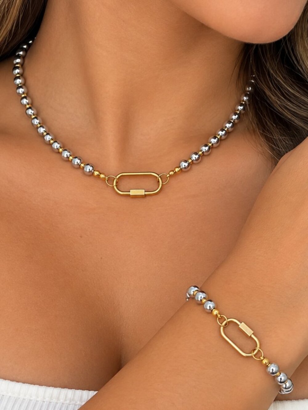 Two Tone Silver Beaded Necklace & Bracelet Set Gold Oval Link Jewelry